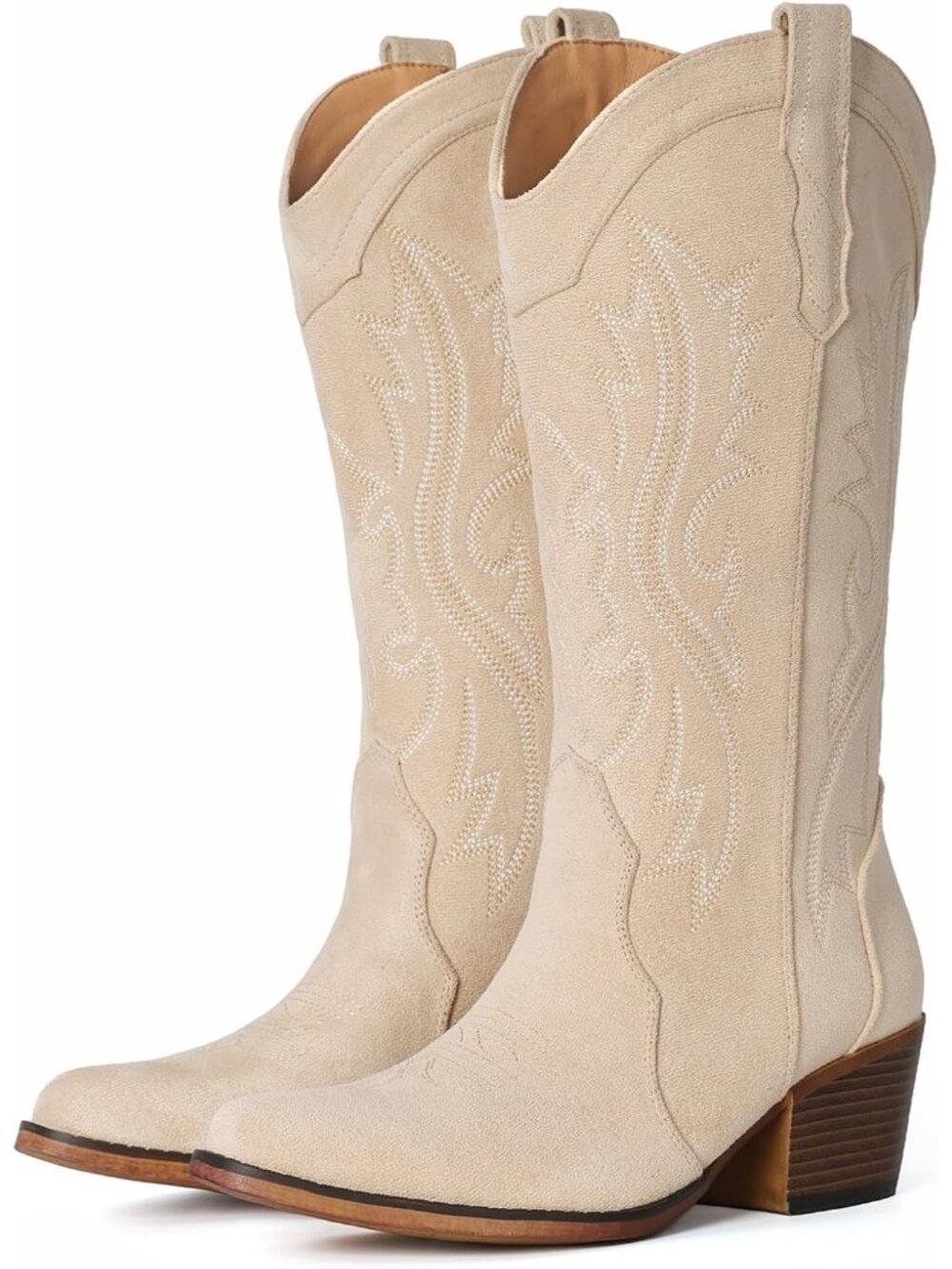 Women's Western Cowgirl Boots With Chunky Heel Mid Calf Snip Toe Camel Suede